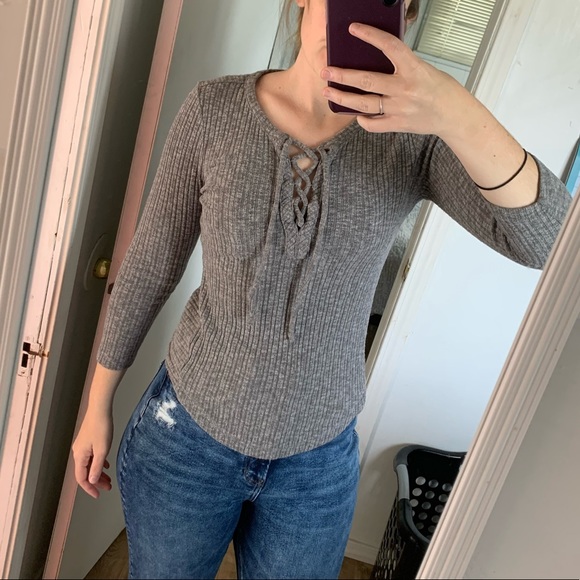 Lucky Brand Tops - LUCKY BRAND | Lace Up Heathered Ribbed 3/4 Sleeve